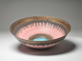 Textured light pink and bronze porcelain bowl with turquoise heart. 21.6cm diameter. 2018